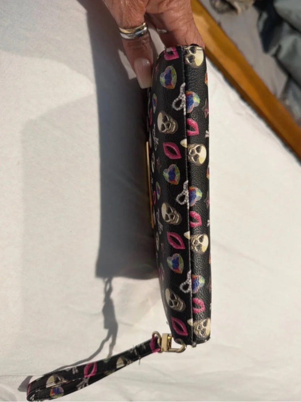 Luv Betsy Black Wristlet Wallet with Colorful Skull & Lip Print